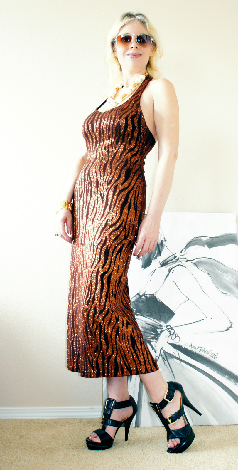 Vtg 90 METALLIC Brocade Animal Stripes Evening Cocktail Wedding MAXI Dress Gown