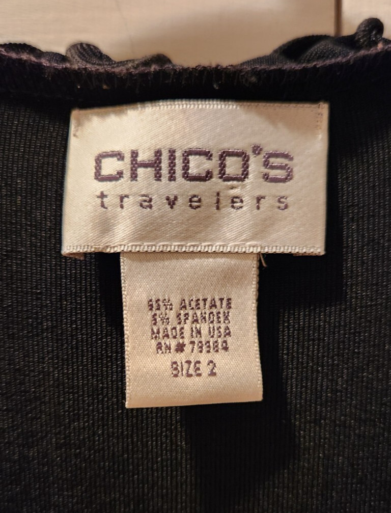 Chicos Travelers Sz 2~Reg 12~Black Open Front Travel Knit Cardigan~Ruffled Edges