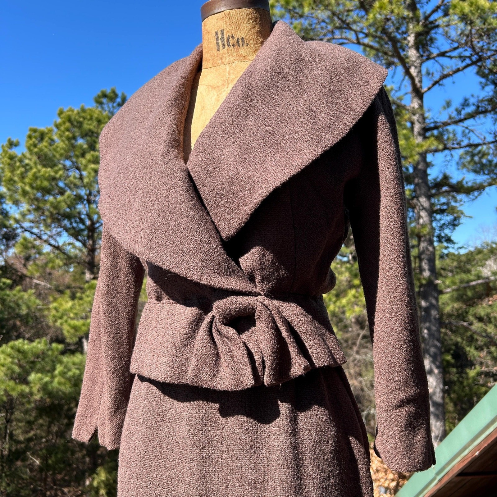 Vintage 50s/60s Mocha Brown Boucle Knit Pencil Wiggle Skirt Suit Set S