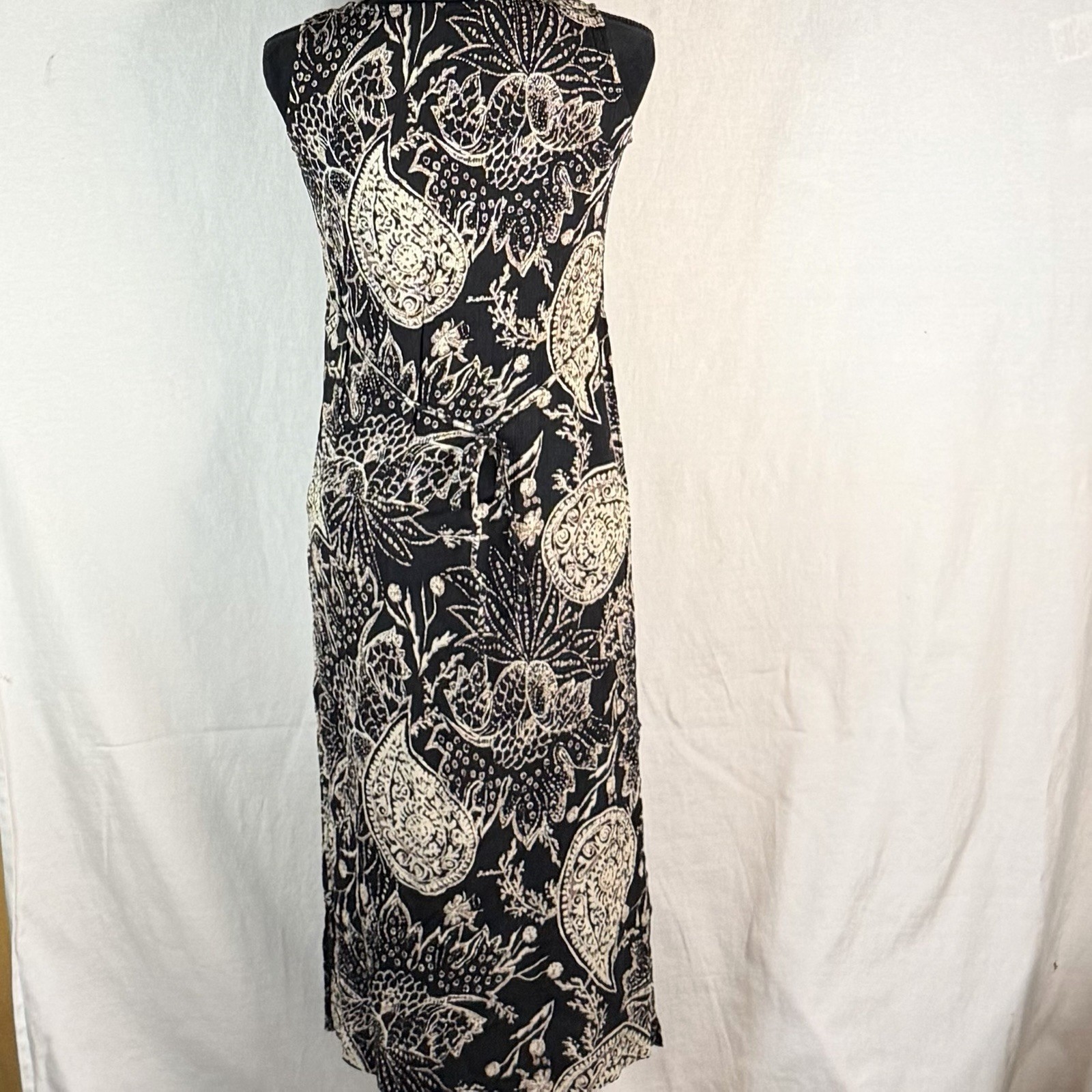 Vintage Boho T & Co 100% Rayon Black Ivory Paisley Sleeveless Midi Dress Sz 4P
