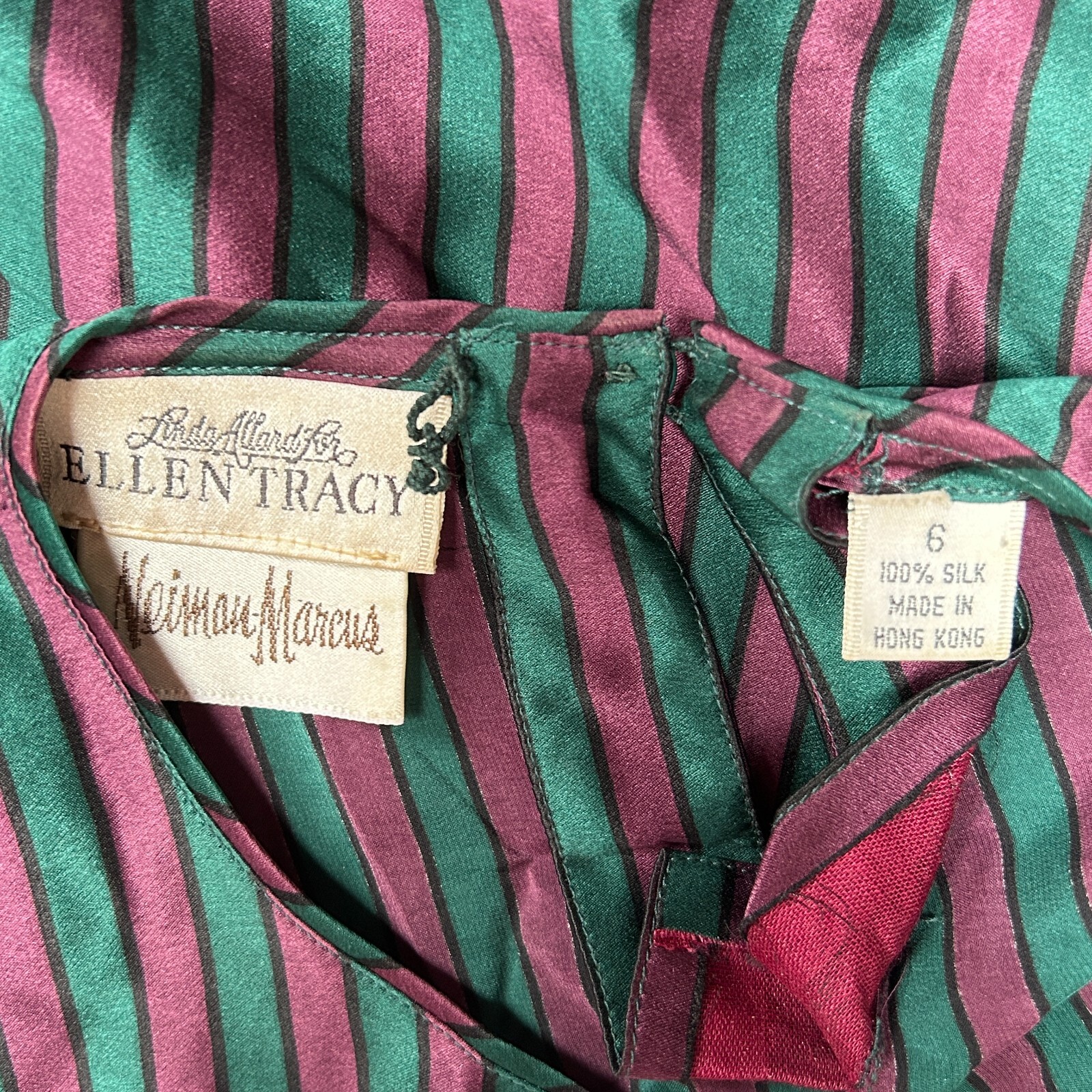 Vintage Linda Allard for Ellen Tracy Women Maroon/Green Striped Silk Blouse Sz 6
