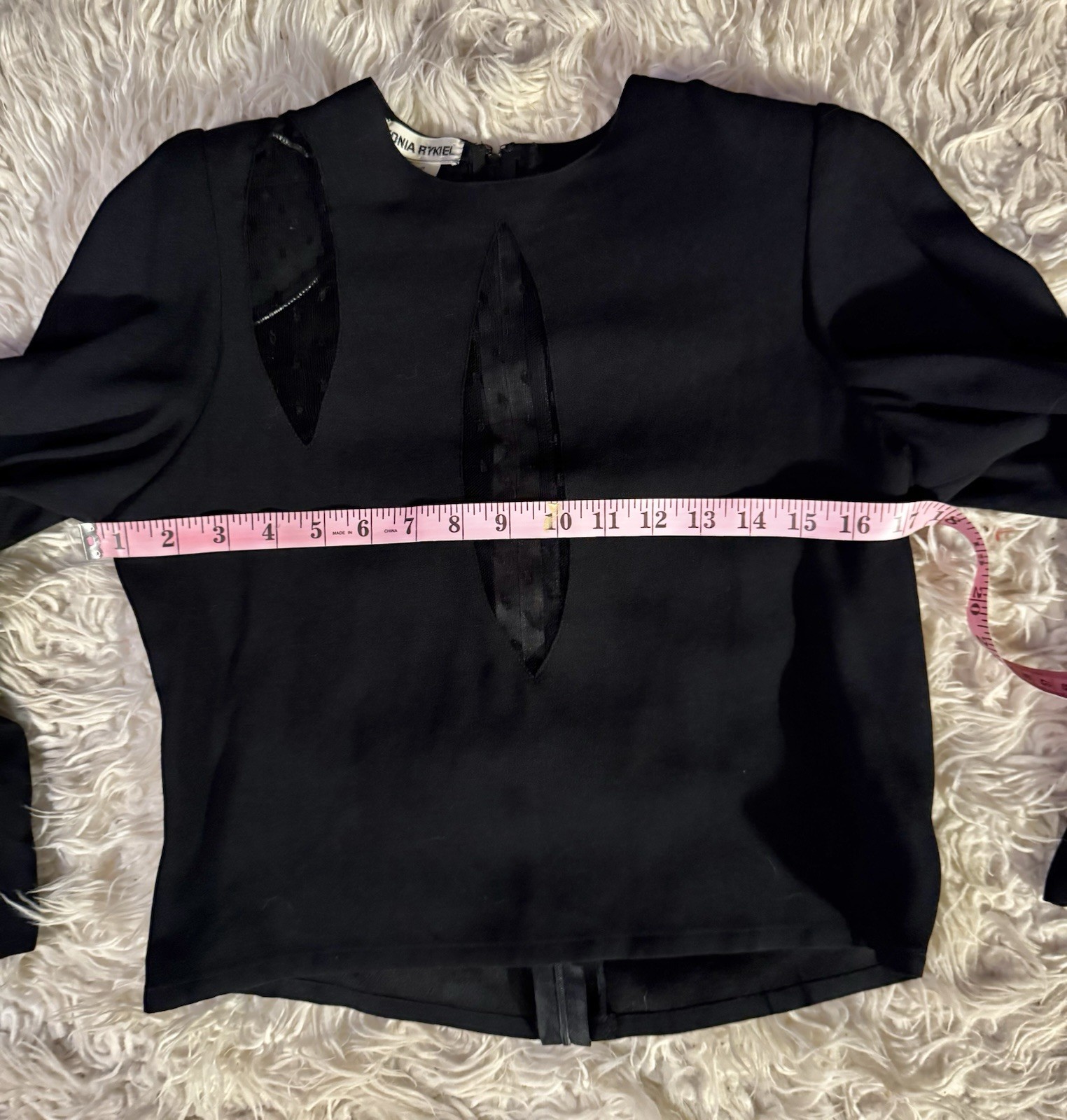 Sonia Rykiel France Black Peep Plunge Sexy Netting Rhinestones LS Blouse Top S