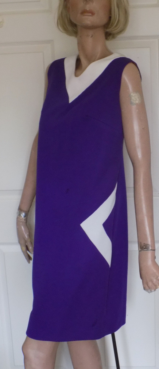 Vintage 70s Purple & White Sleeveless Dress Textured Polyester Size 16 1/2 B36