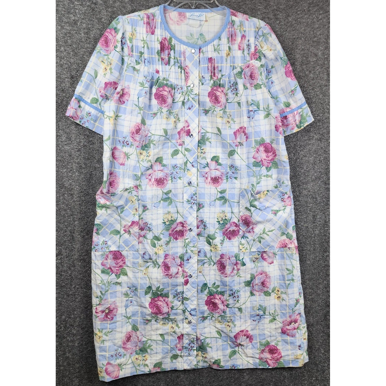 Leisure Life House Dress Womens Medium Blue Pink Floral Plaid Snap Front Duster