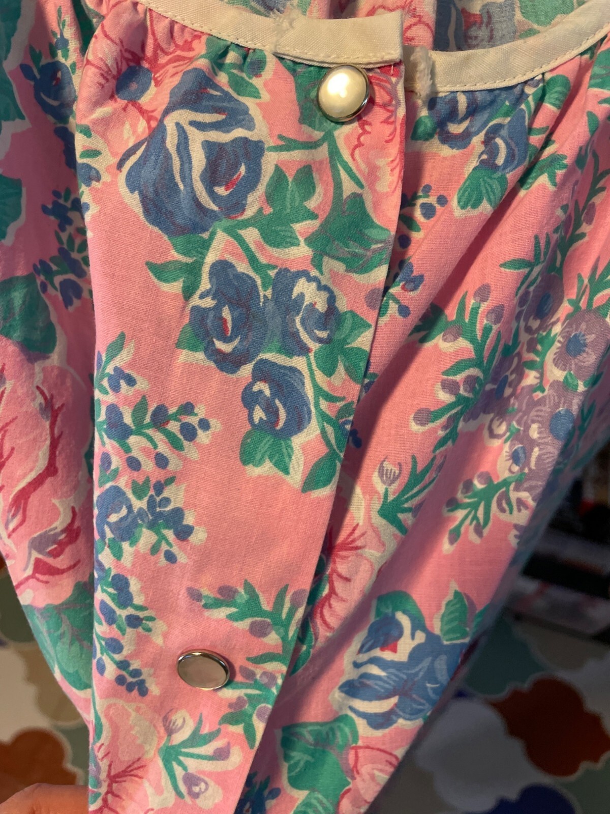 Vintage Spotlight Pink Floral Snap Front Cotton House Dress Pockets Size M