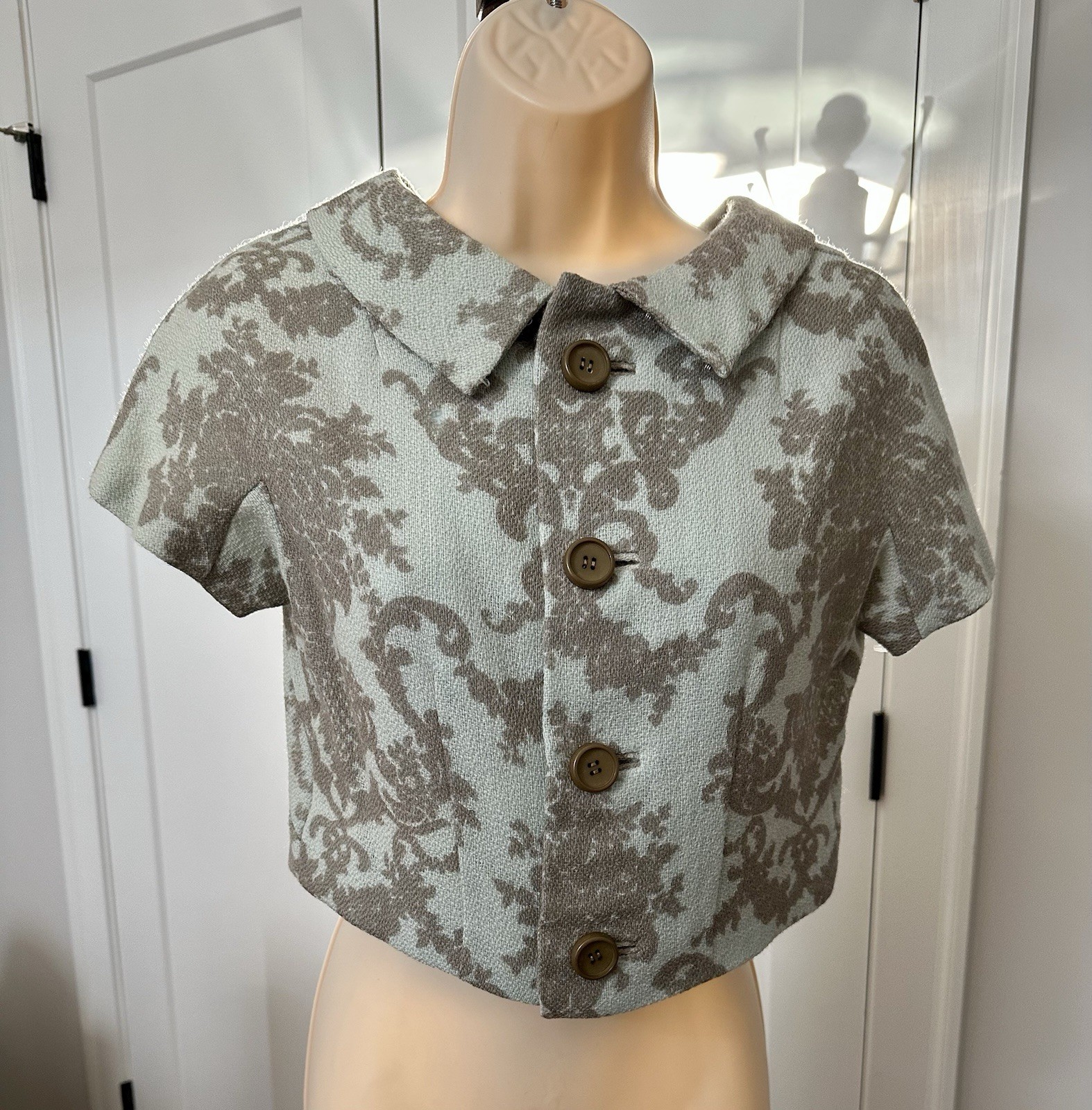 Vintage 1960s 60s Mary Louise Cleveland Cropped Shirt Top Green Brocade S 2/4