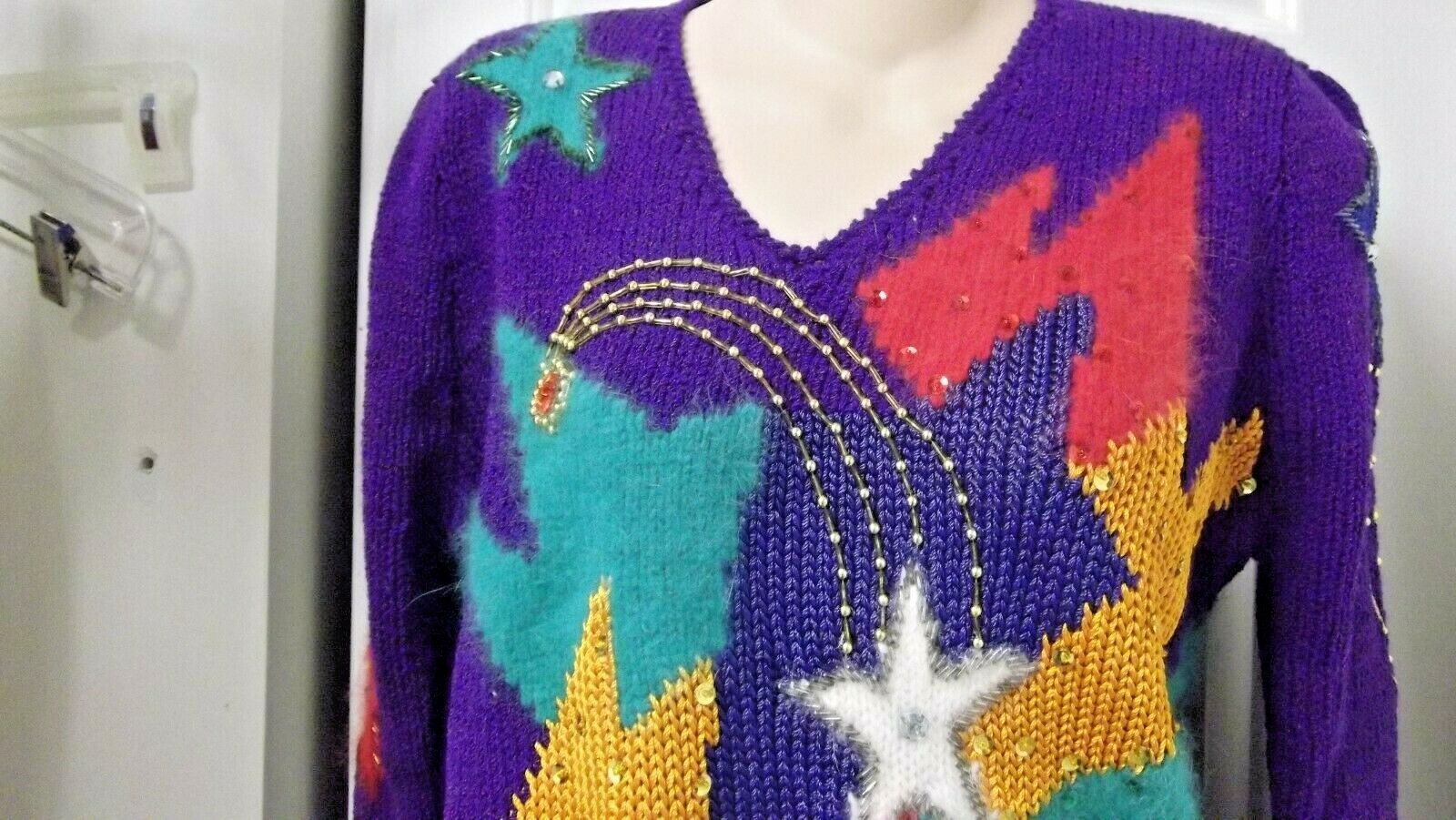 Vintage CHRISTINE Sweater Shimmering Purple Hand Knit Angora Beads Sequins sz S