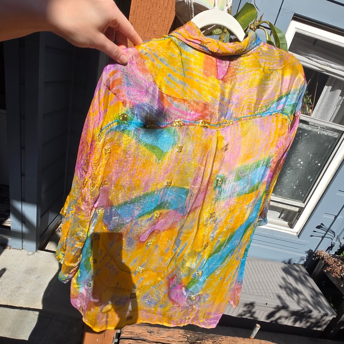 Vintage 90s 2 Of Us Sheer Rayon Abstract Blouse with Gold Accents -Size L
