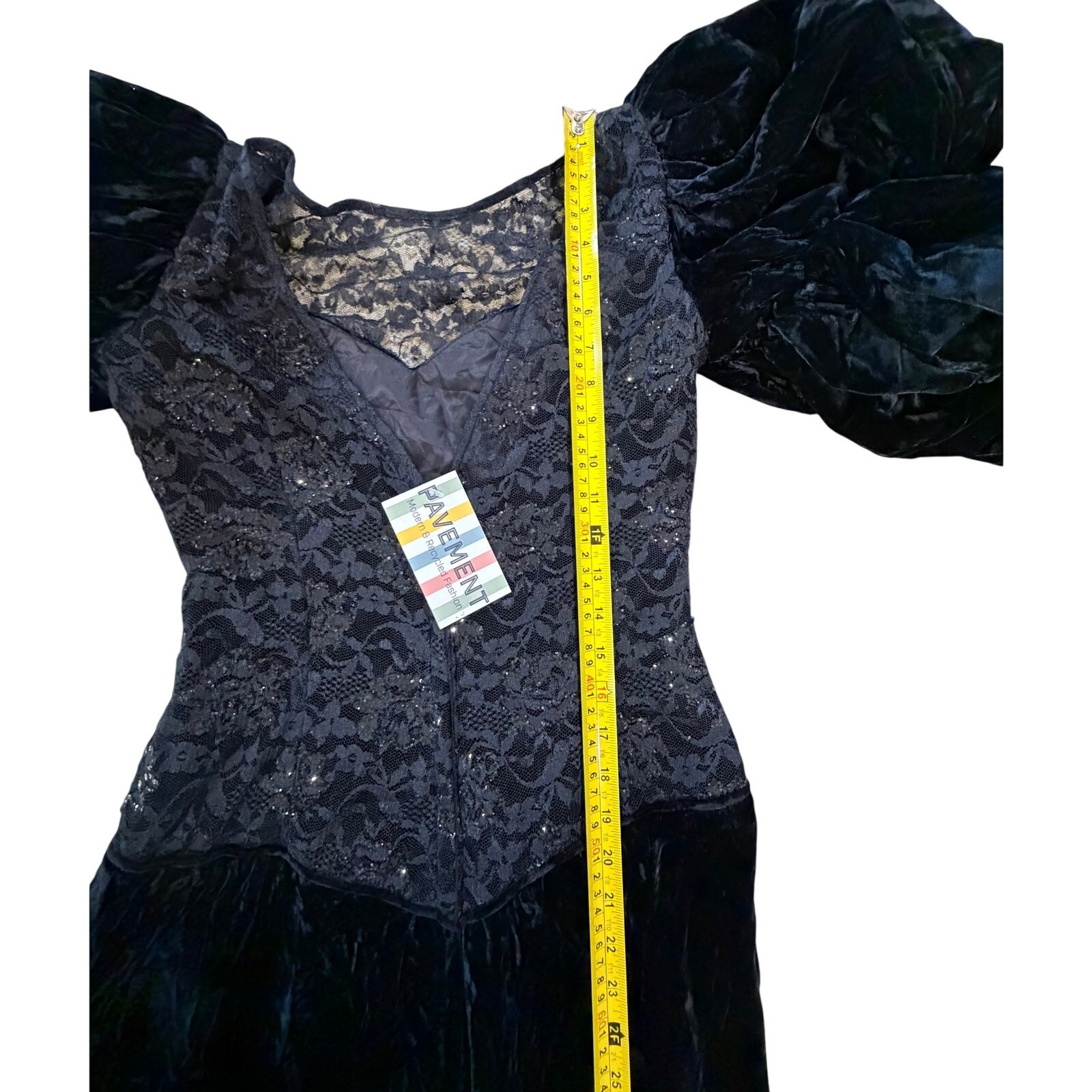 VTG 80s XS Victorian Velvet Lace Puff Sleeve Maxi Gown Whimsigoth Gothic Dress