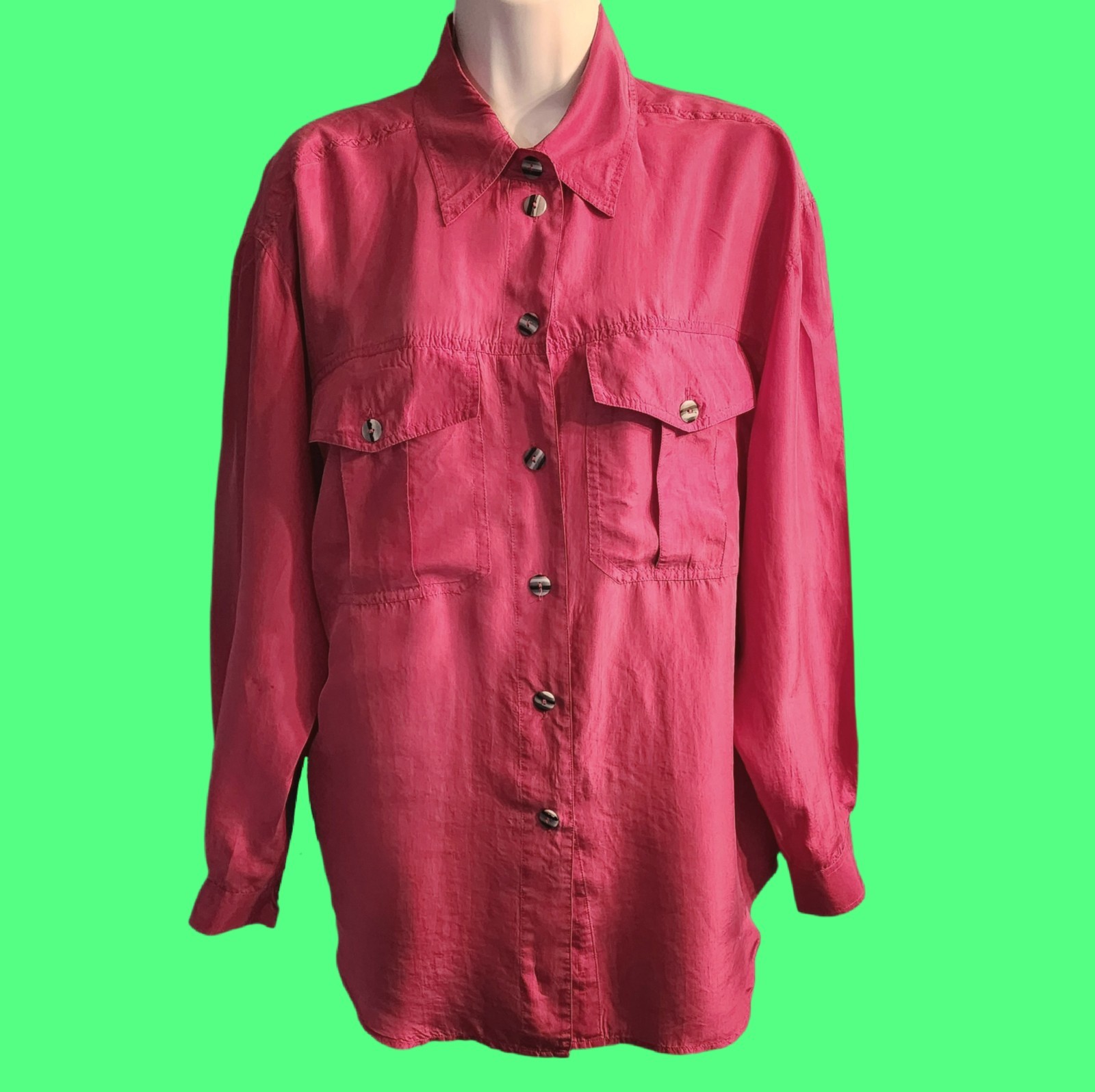 VINTAGE 90’s SILK LAND Hot Pink Pure Silk Hot Pink Longsleeve Blouse 14