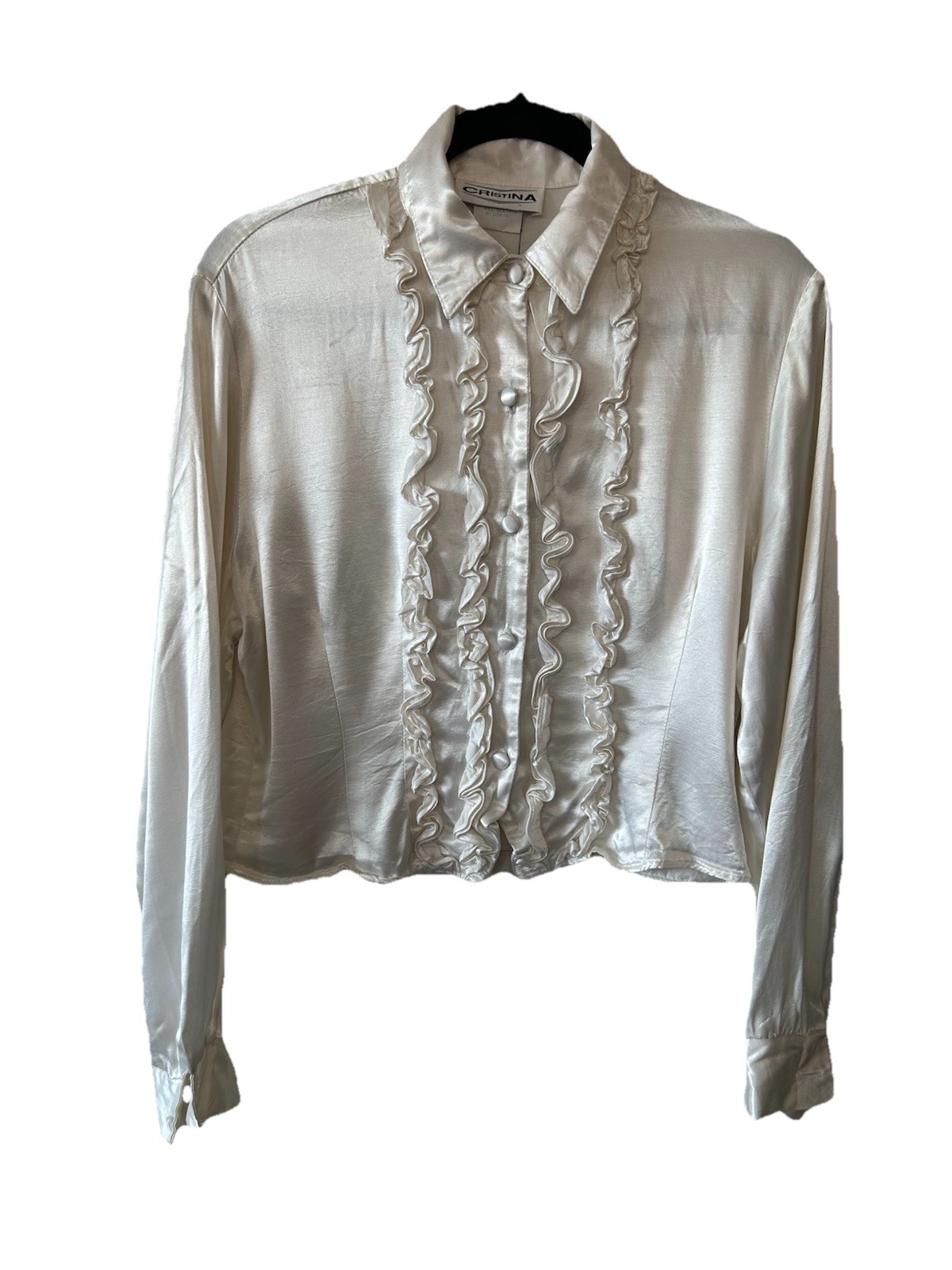 VTG 90’s Y2K Ivory Satin Ruffle Tuxedo Blouse Crop Rayon Acetate L