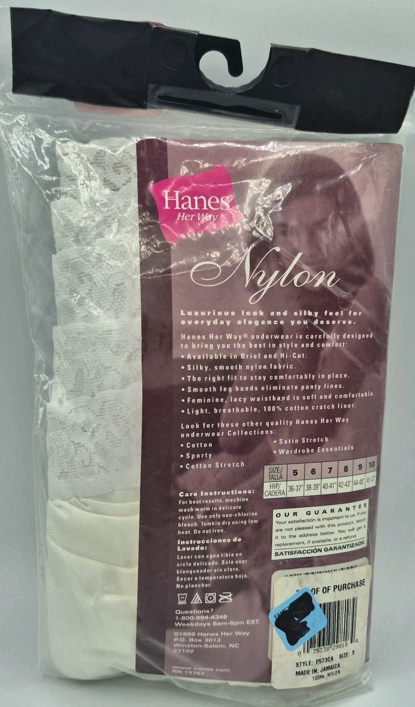 NEW VTG 99′ 5-Pack White Hanes Her Way 100% Nylon HI-CUT Lacey Top Panties Sz 9