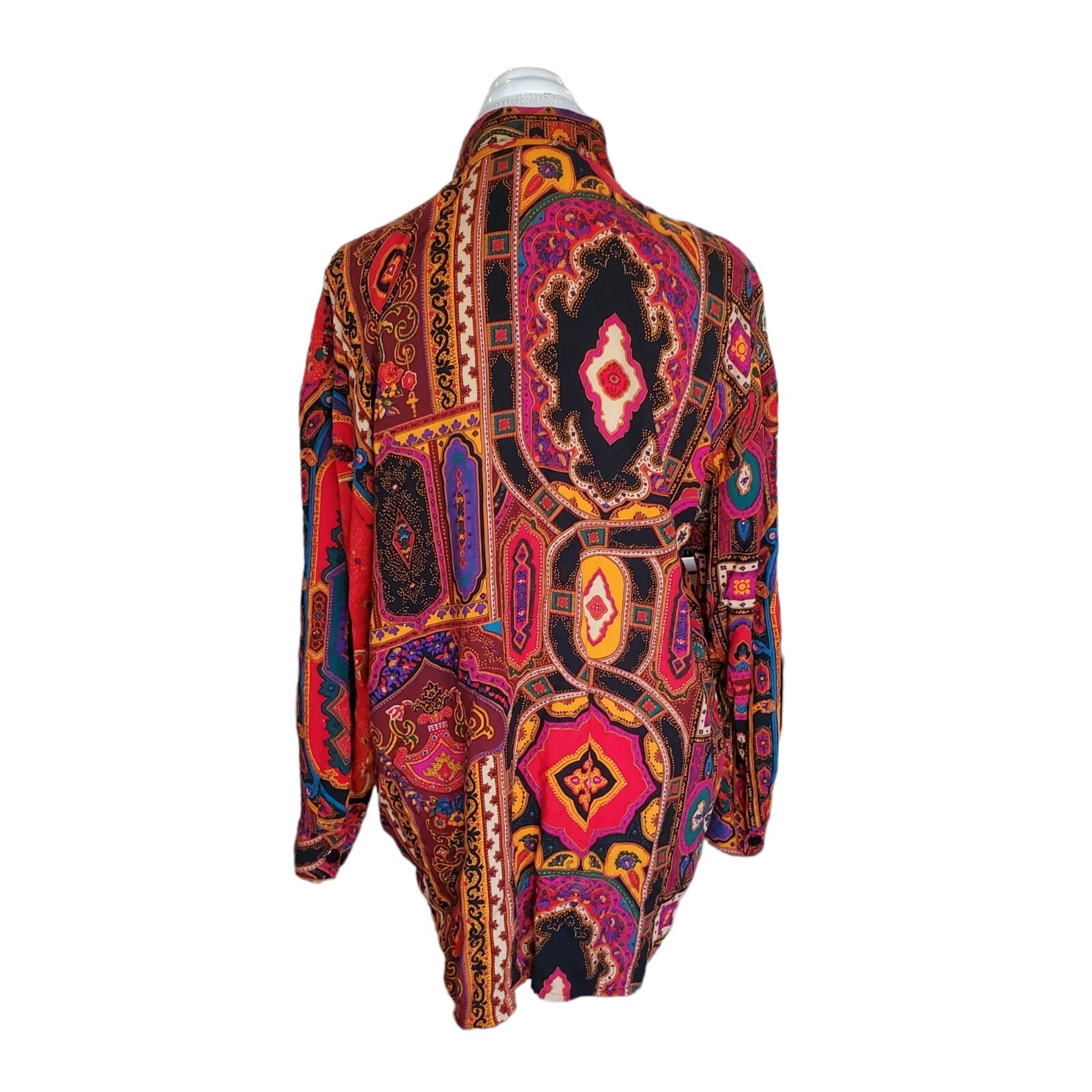 Vtg 80s 90s Colorful Abstract Paisley Blouse M/L Rayon Boho Button Up Red