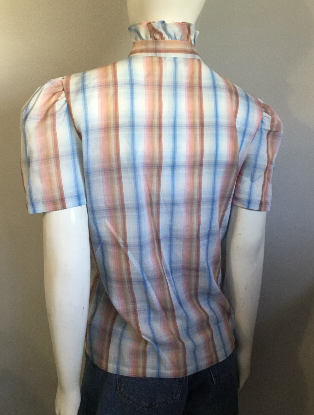 Vintage 70’s 80’s Sheer High Neck Plaid Button Front Shirt Lucky Winner Size 14