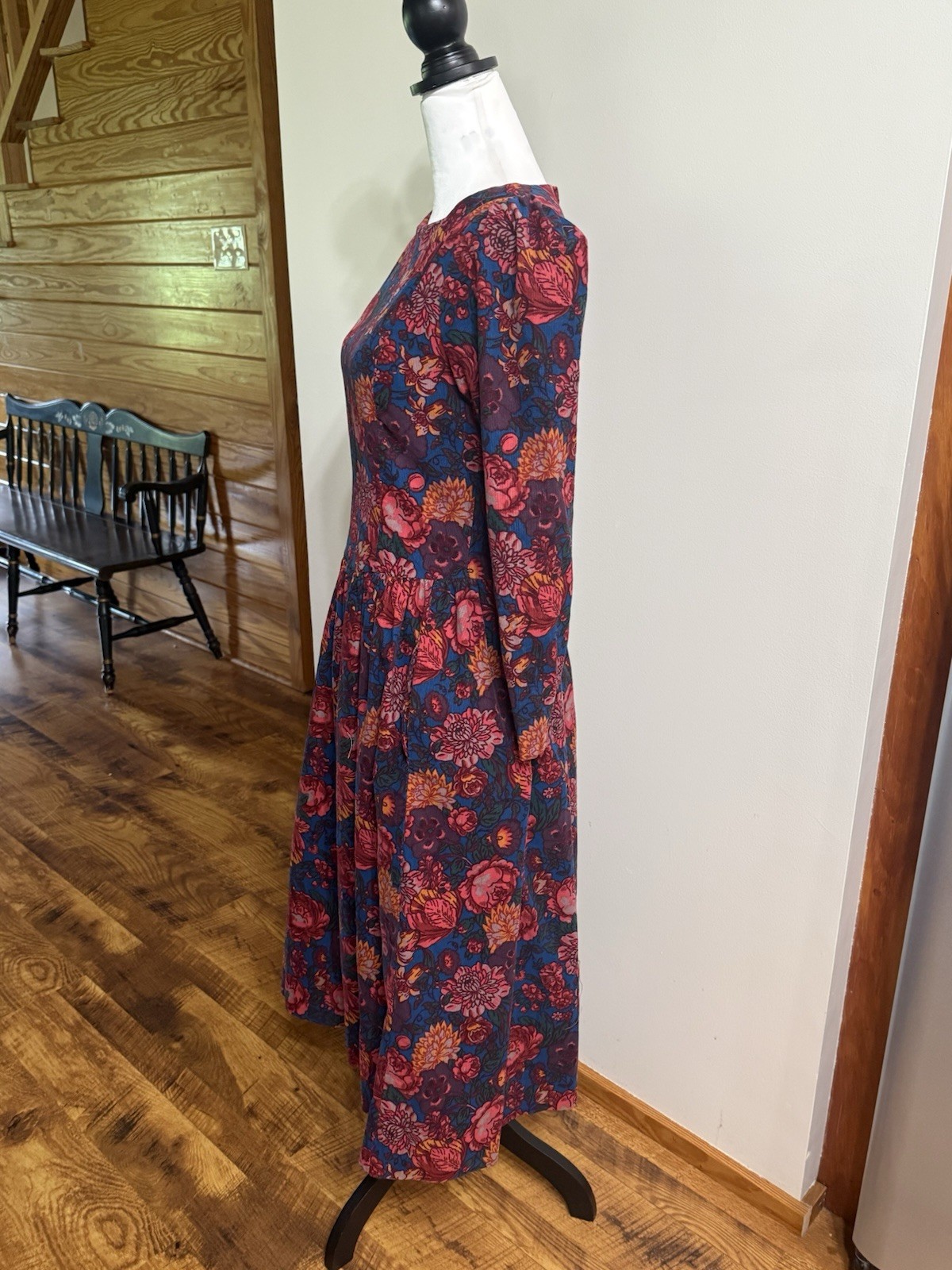 VTG 90s Laura Ashley Blue Red Purple Floral Puff Sleeve Corduroy Dress 10