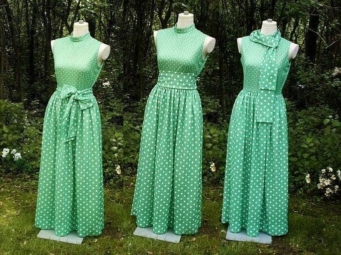 True Vintage 60s DAVID CRYSTAL Long Maxi Dress with Sash/Scarf Green Polka Dot S