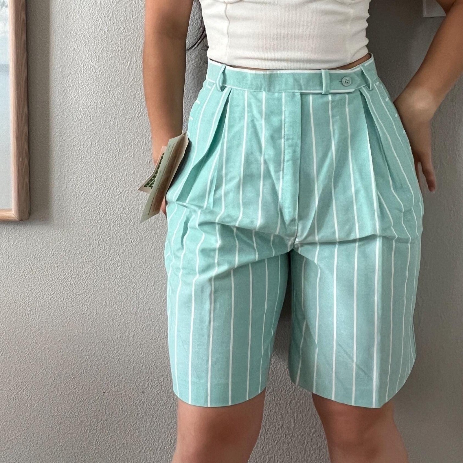 Vintage green and white pastel striped bermuda shorts 10 DEADSTOCK