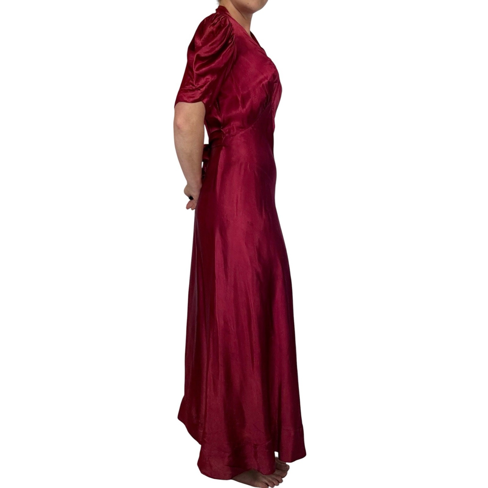 Vintage 1930s Liquid Satin Gown Quilted Floral Bias Cut Maroon Lounge Dress Gown