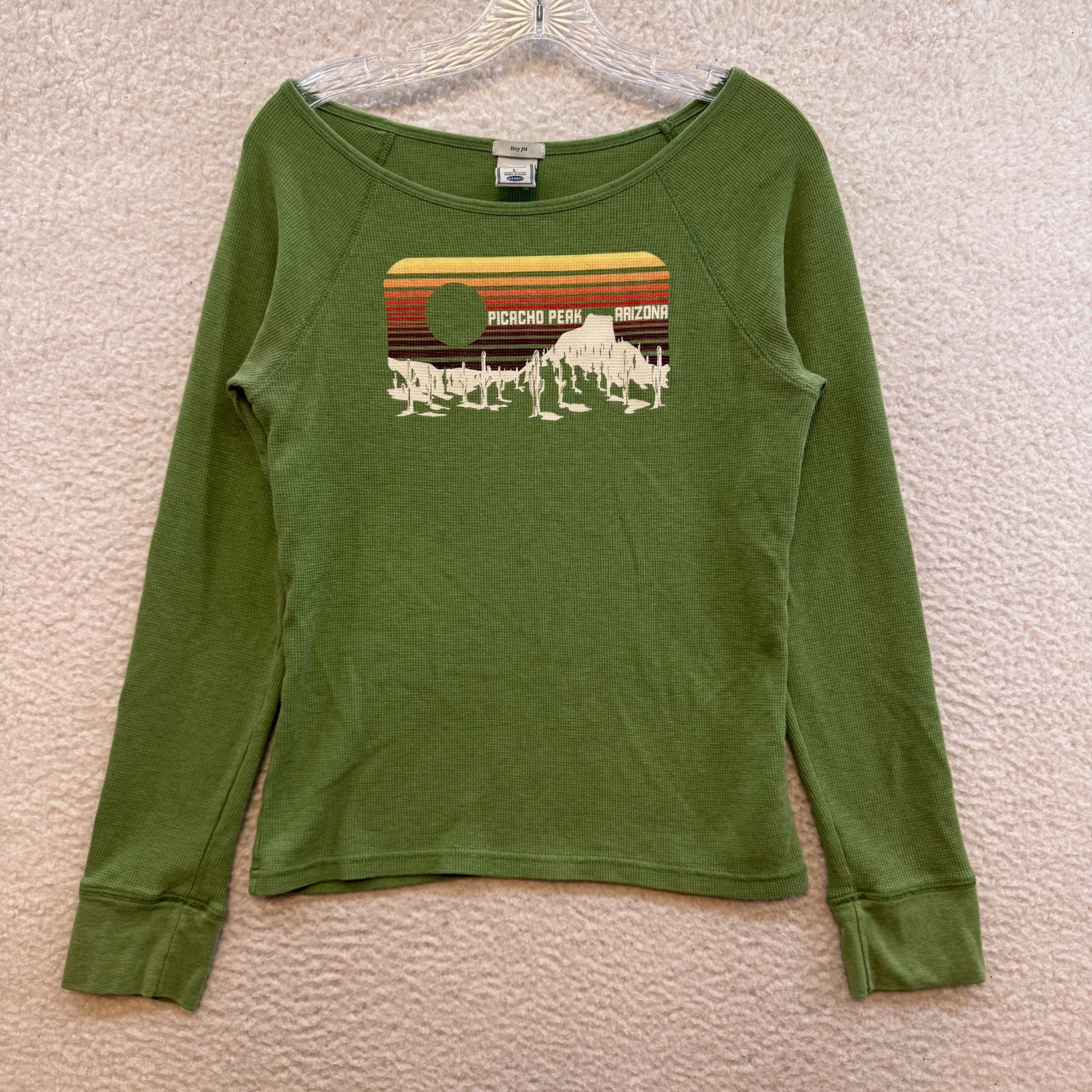 Y2K Vintage Long Sleeve T-Shirt Large Green Thermal Waffle Knit Graphic Grunge