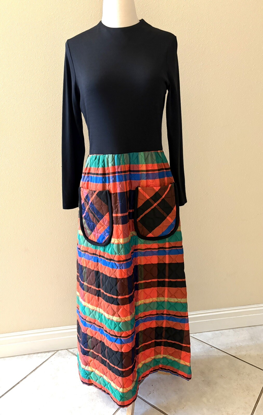 Vintage 70s One Way Hostess/ Maxi Dress with Plaid Quilted Skirt M