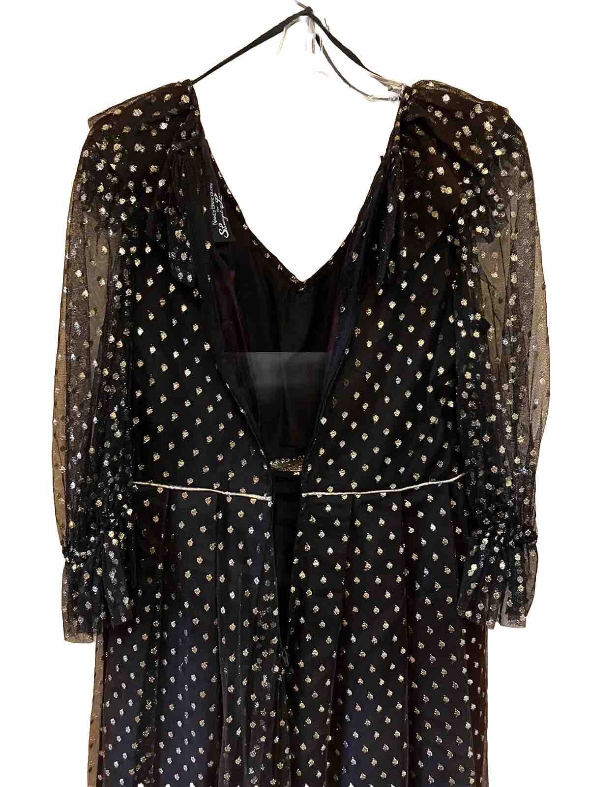 VTG Dress Nancy Bracoloni Shangri La Black Gauze W/ Gold Polka Dots See Measures