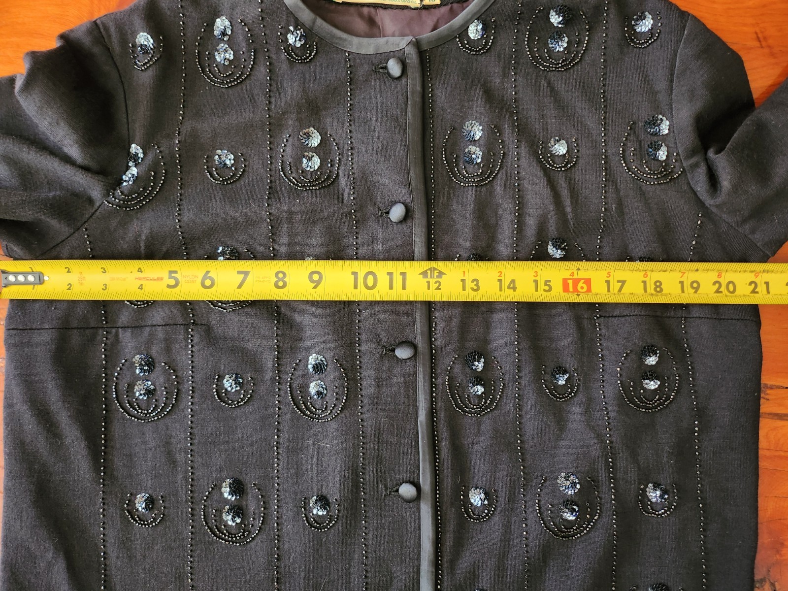 Vintage Gino Paoli Sweater Beaded Black Wool Button Up Knit 3/4 Sleeve Lined