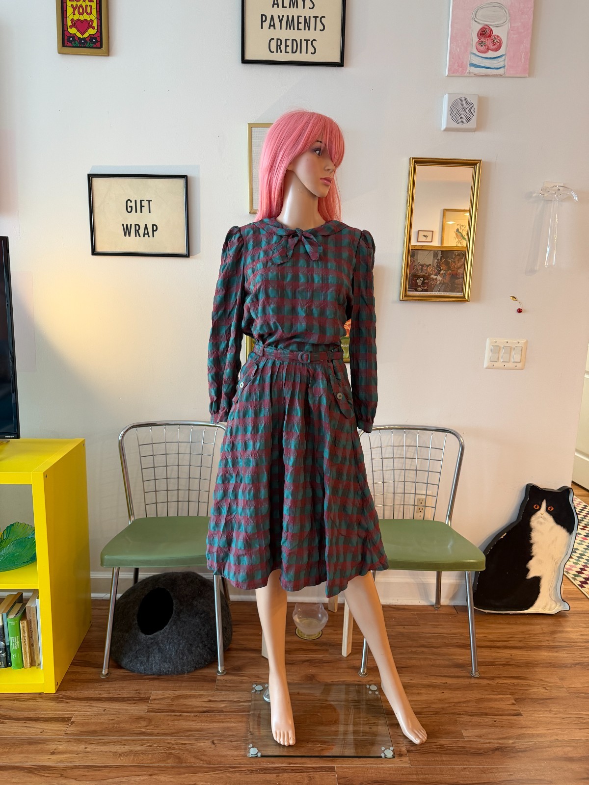 🎀 Vtg 70s Asian Export Plaid Cotton Batwing Pussy Bow Top Skirt Buckle Dress M