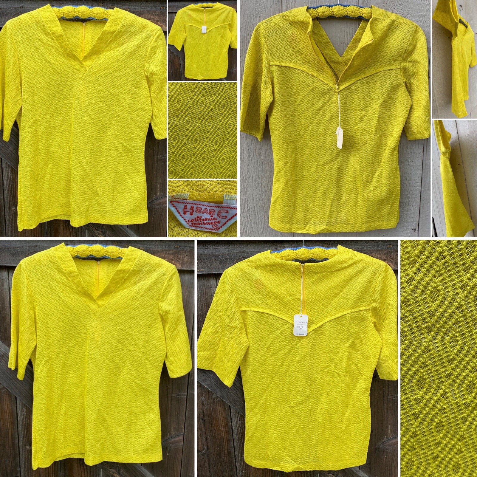 Vintage H Bar C California Ranchwear Top Diamond Pattern Knit Yellow 60s 70s M