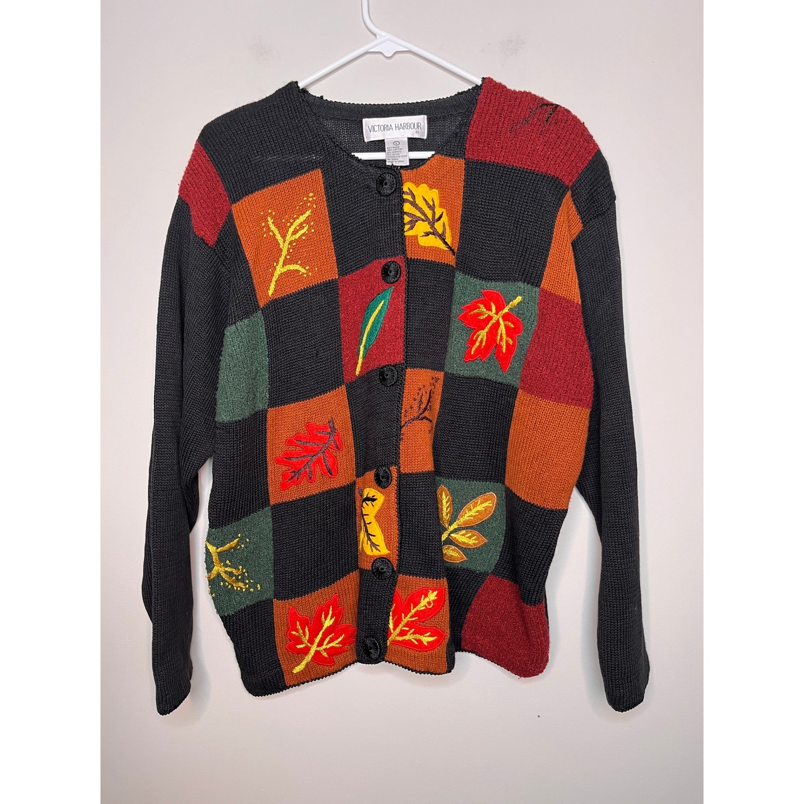 1990s Victoria Harbour Fall Leaves Harvest Patchwork Halloween Granny Cardigan L