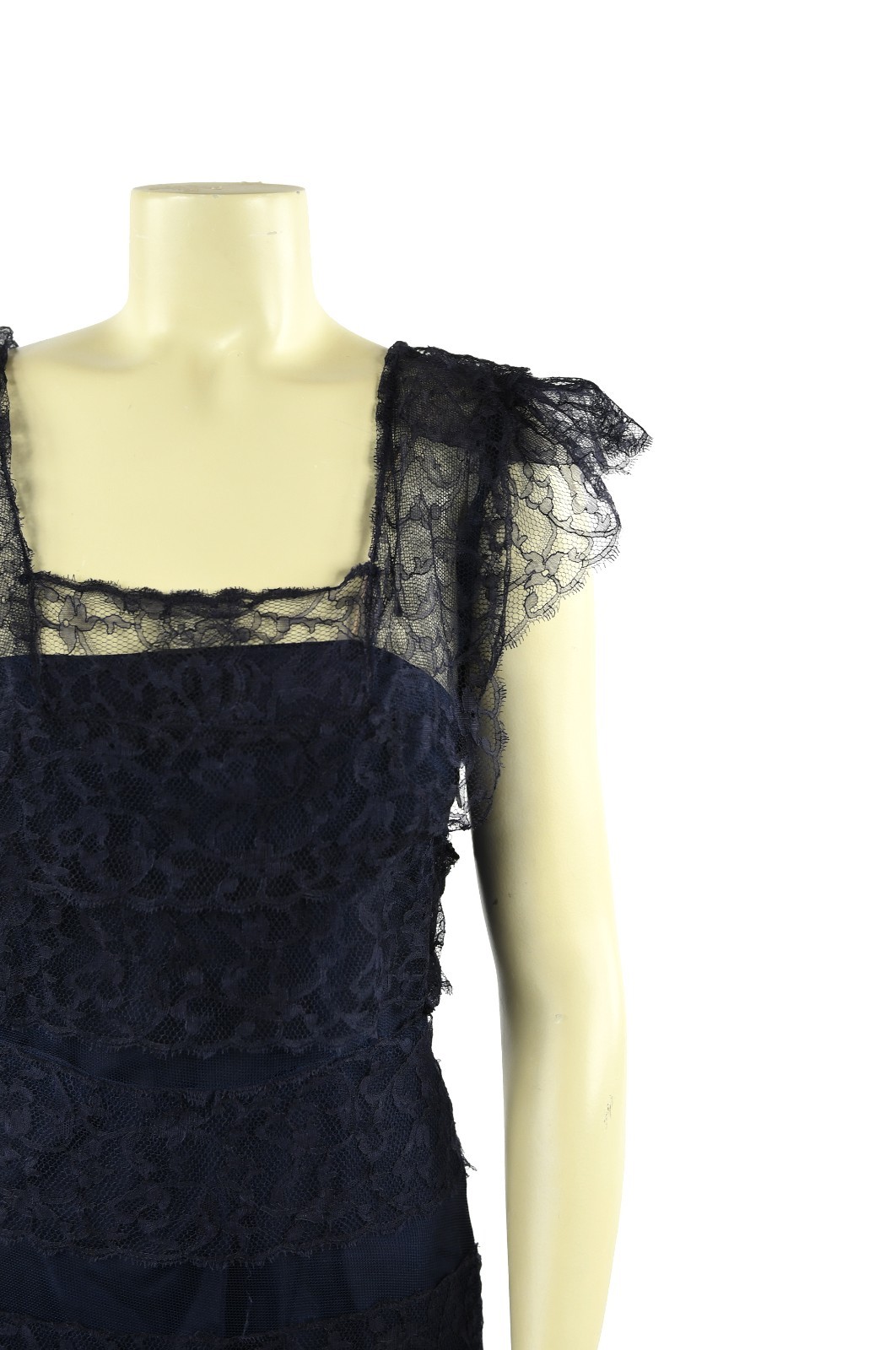 Vintage 40s Sheer Navy Blue Floral Lace Tiered Ruffle Art Deco Evening Dress S M