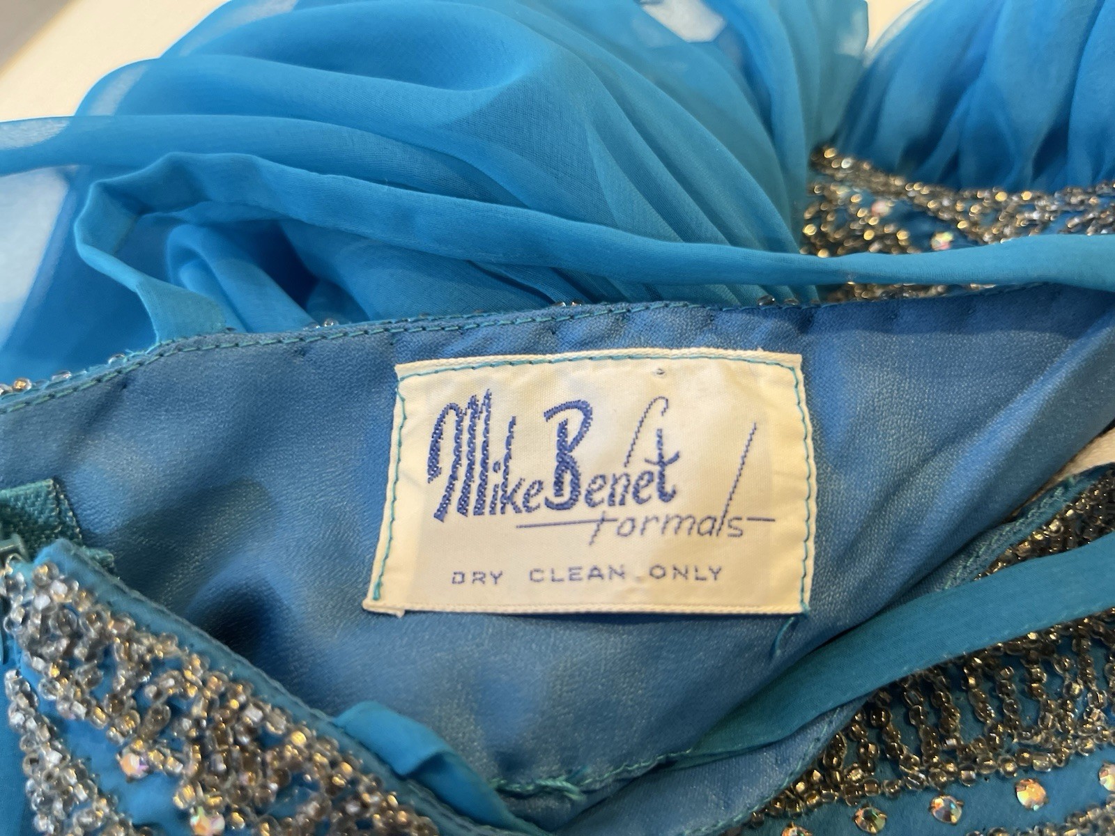 Vintage Ball Gown 1970s Mike Benet Blue Dress White Silver Beads Sequins Chiffon