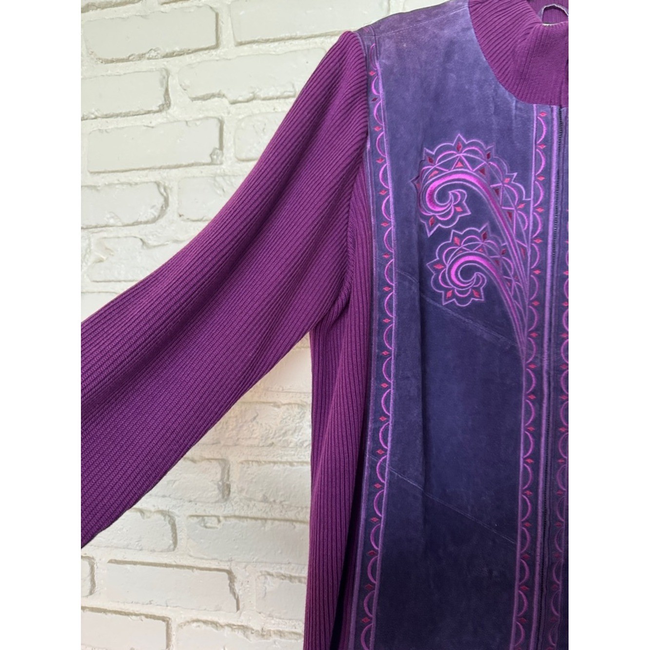 Bob Mackie wearable art suede artsy, vintage zipper front jacket 2X