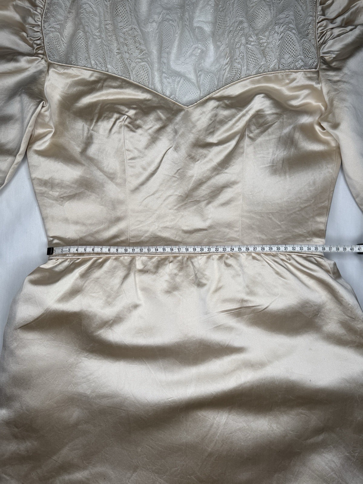 Vintage Size S Victorian Revival Wedding Dress Champagne Satin Lace Bustle Back