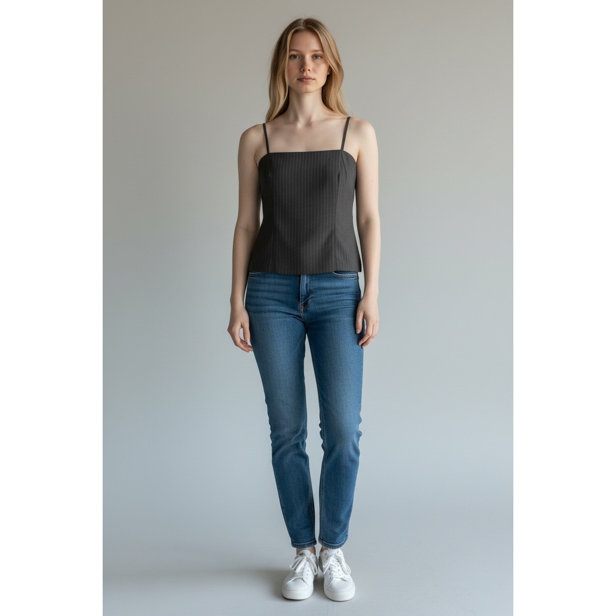 Vintage 90s Y2K Pinstripe Ribbed Back Zip Cami Top Size 1/2 Small Black Charcoal