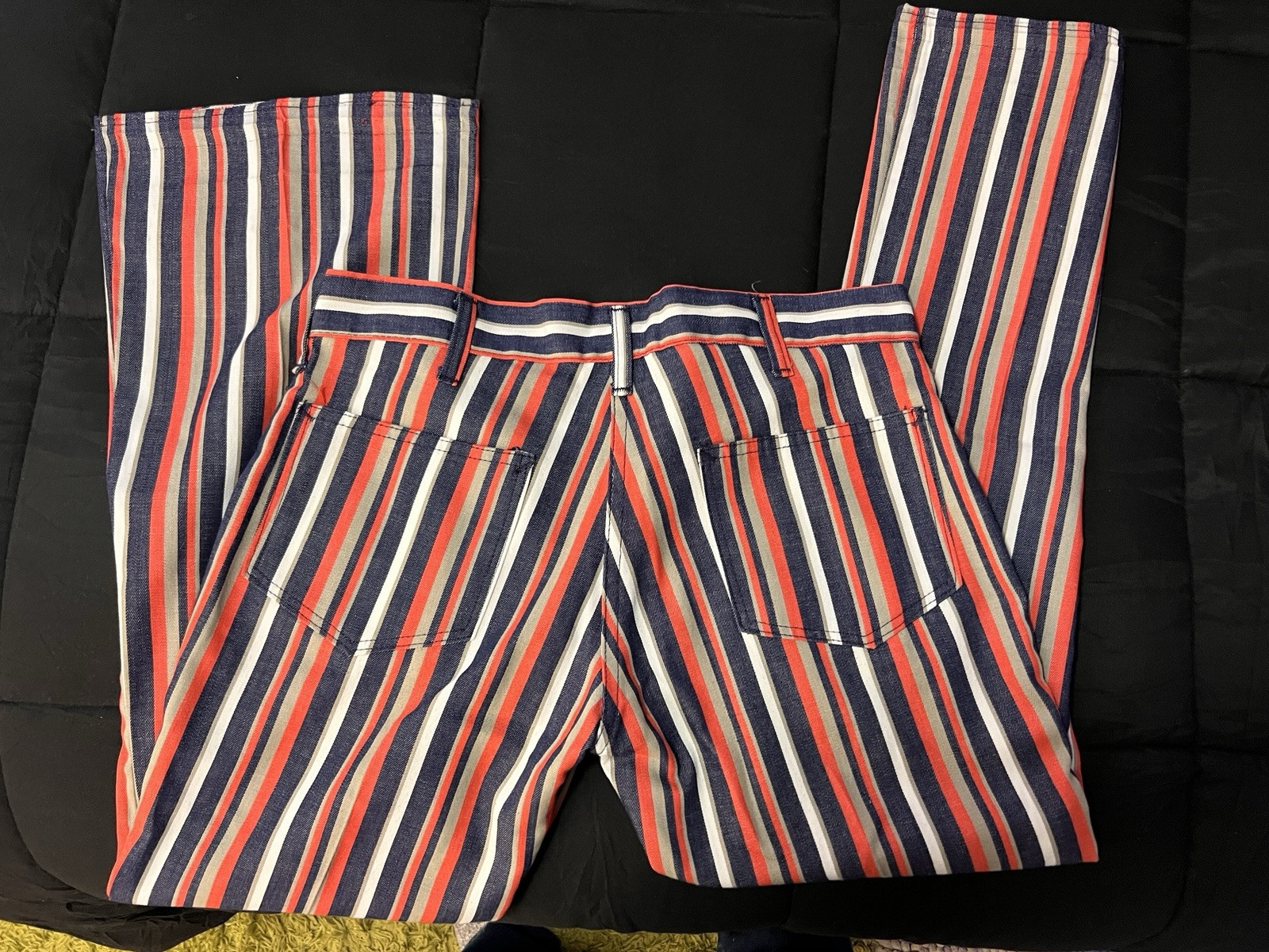 Vintage 70s Handmade Pants Black Orange & White Stripes 30×29