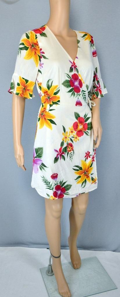 VTG Old Navy Mini White Tropical Floral Deep V Flutter Sleeve Boho Wrap Dress M