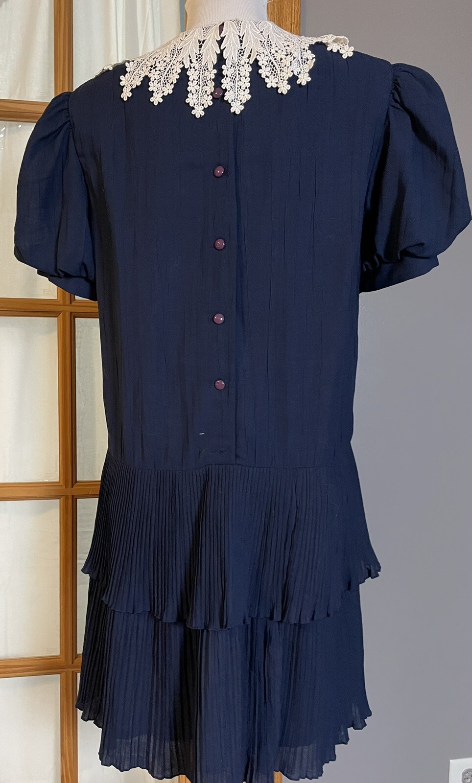 Vtg Young Woo Pleated Dress Sz L Navy Puff Sleeve White Lace Whimsigoth Classic