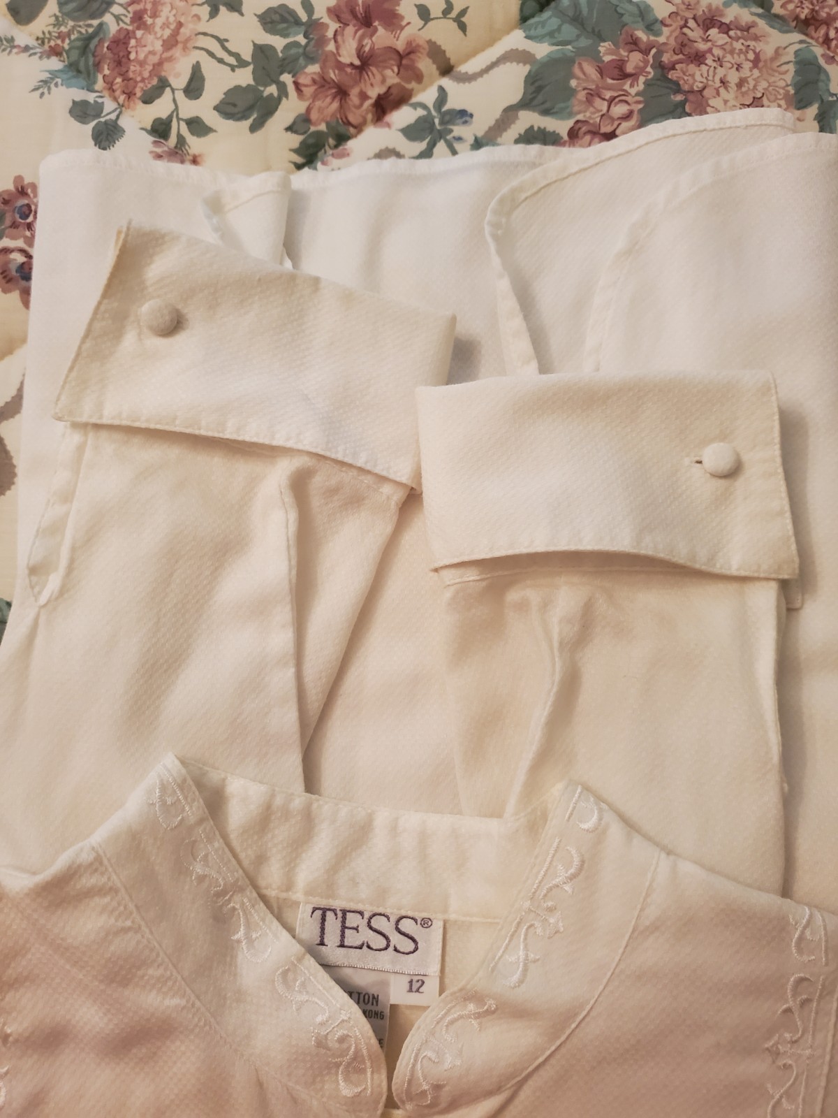 Vintage Tess White Cotton Blouse Top, Embroidered with Covered Buttons, Size 12