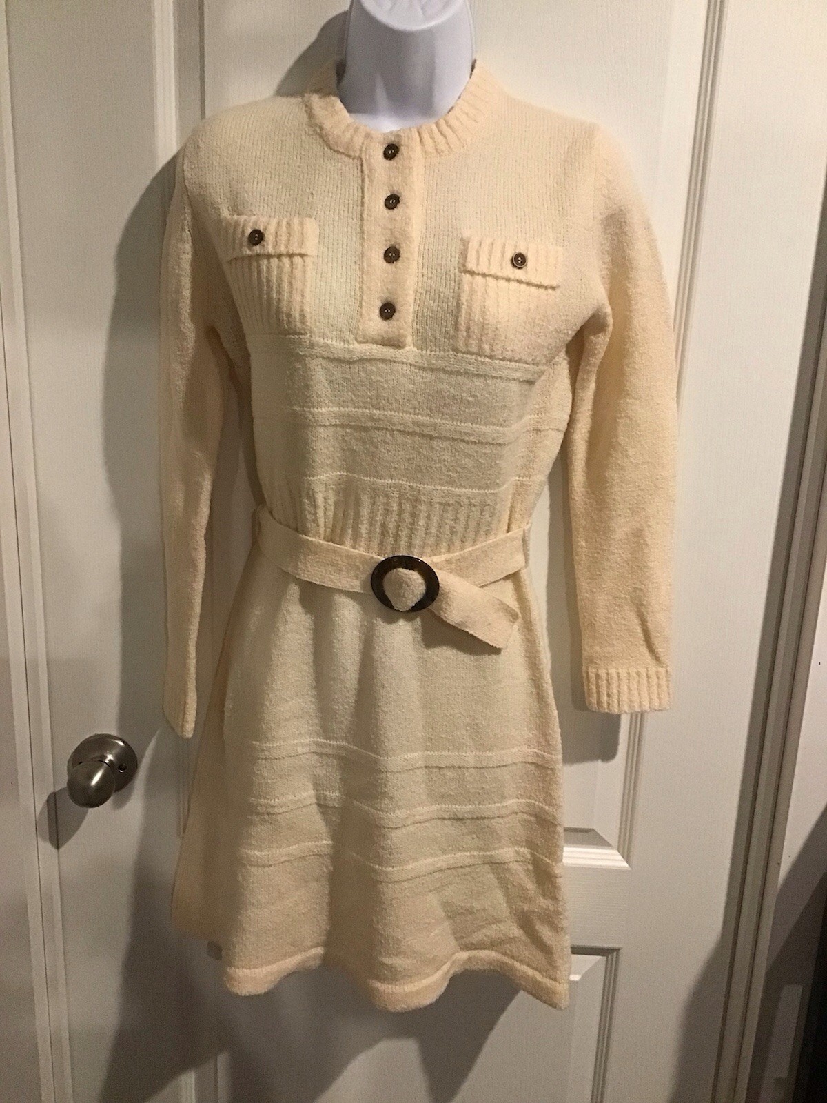 Wenjilli Vintage Wool Knit Long Sleeve Cream MIDI Belted Sweater Dress Size 9