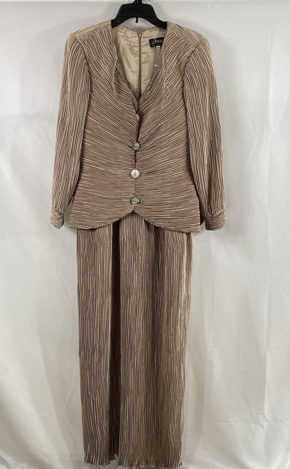 Vintage 90s Jovani Women’s Champagne Pleated Crystal Maxi Dress Set Sz 14