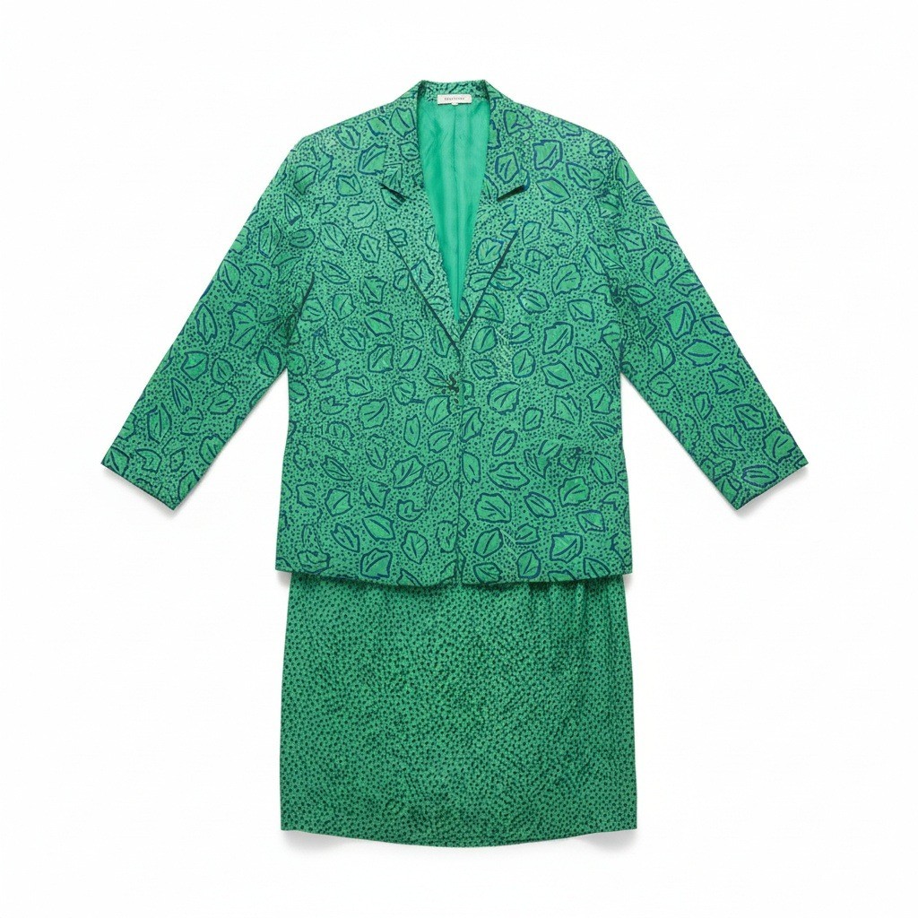 Liz Claiborne Collection Green Silk Leaf Print Skirt Suit Set, Women’s Size 6