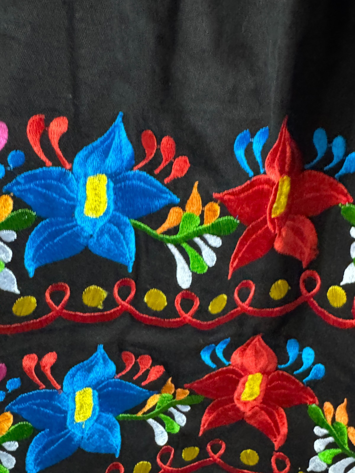 VTG 80s Hand Embroider Mexican Boho Peasant Dress Black Floral Off Shoulder L/XL