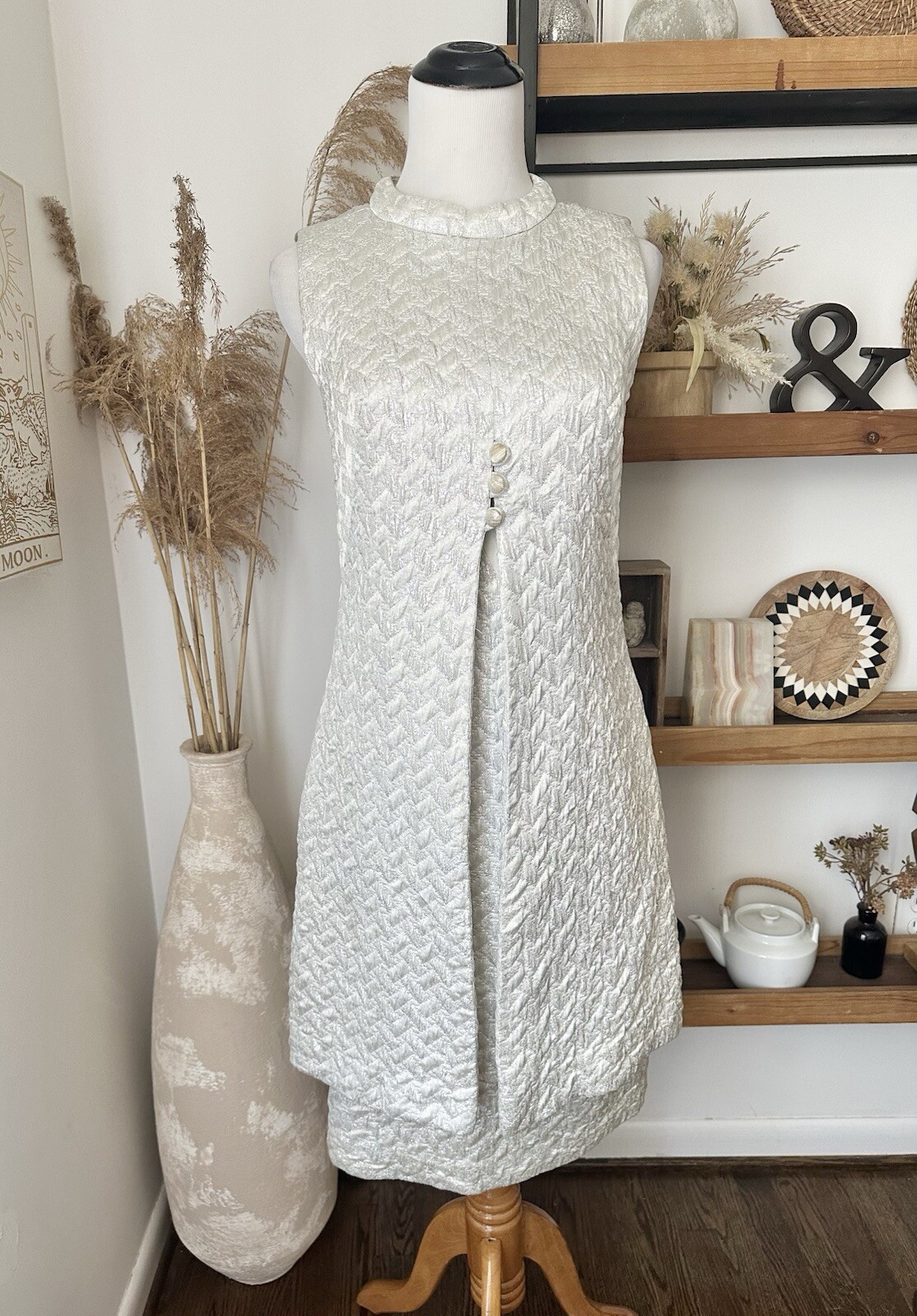 Vintage 60’s Nan Leslie Silver Metallic Quilted Mod Midi Dress