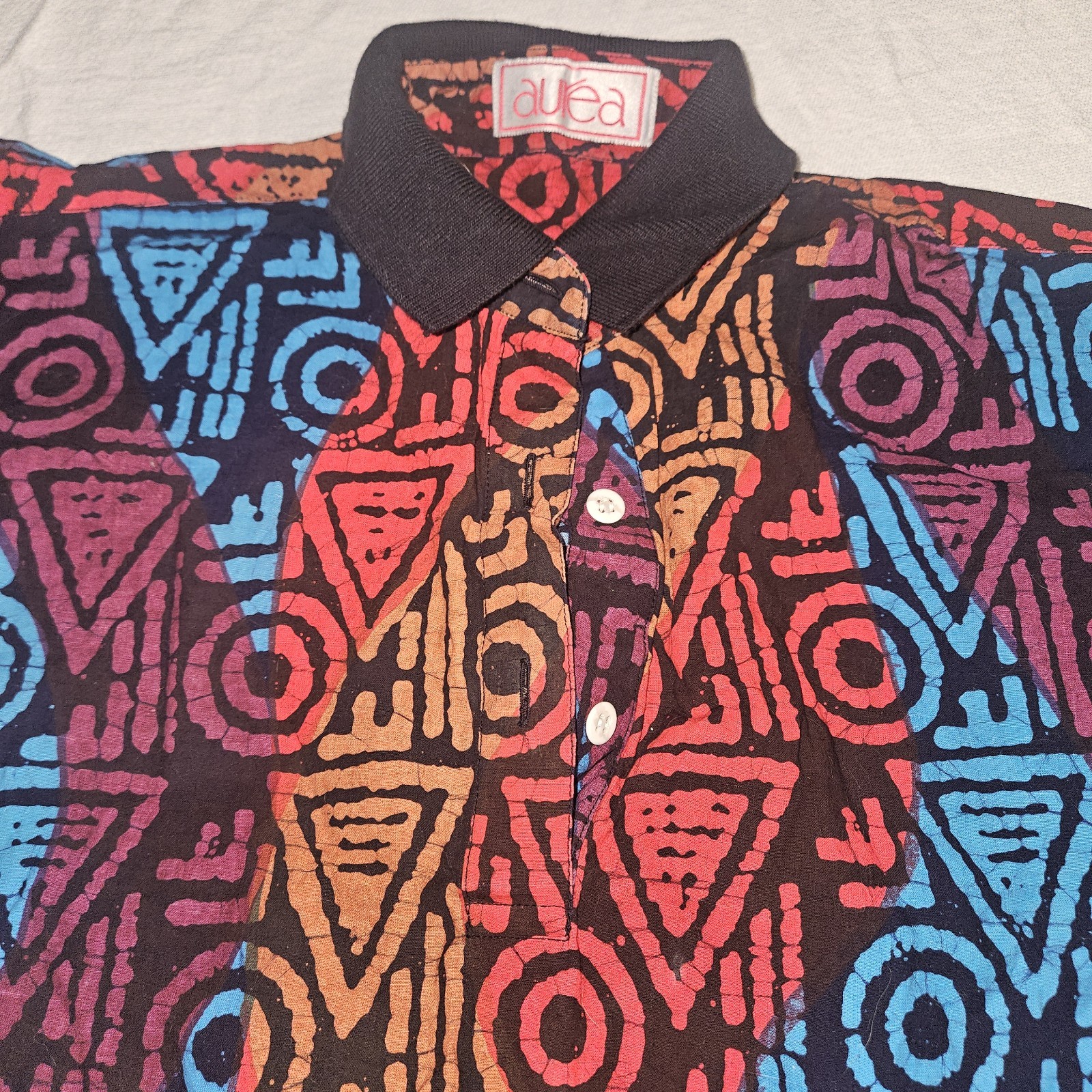 Vintage 80s 90s Geometric Blouse Polo New Wave Punk Medium Red Orange Blue Black