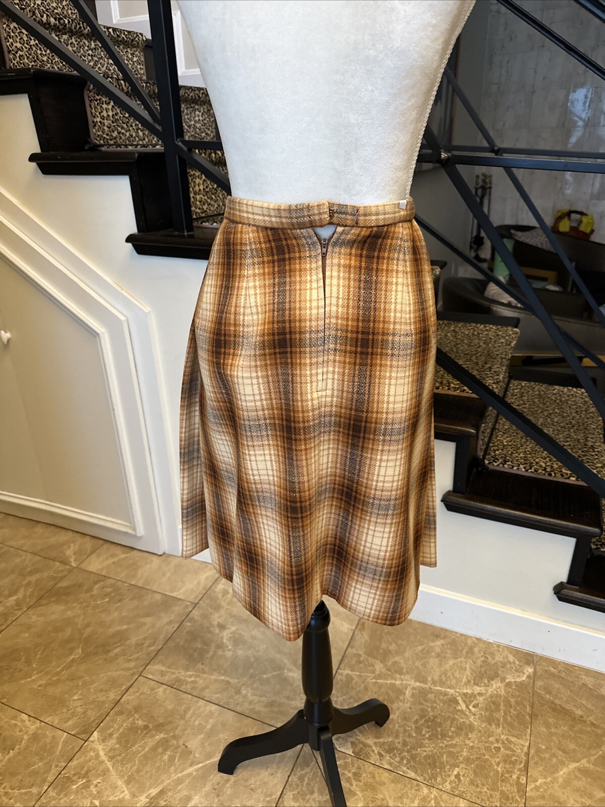 Jacques Tiffeau 60s Brown Tones Wool Blanket Plaid Coat & Pleated Skirt Set S