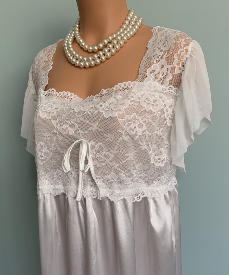 New Glossy 3X Satin & Chiffon Slip Dress Nightgown Lounge Bridal White Elegant
