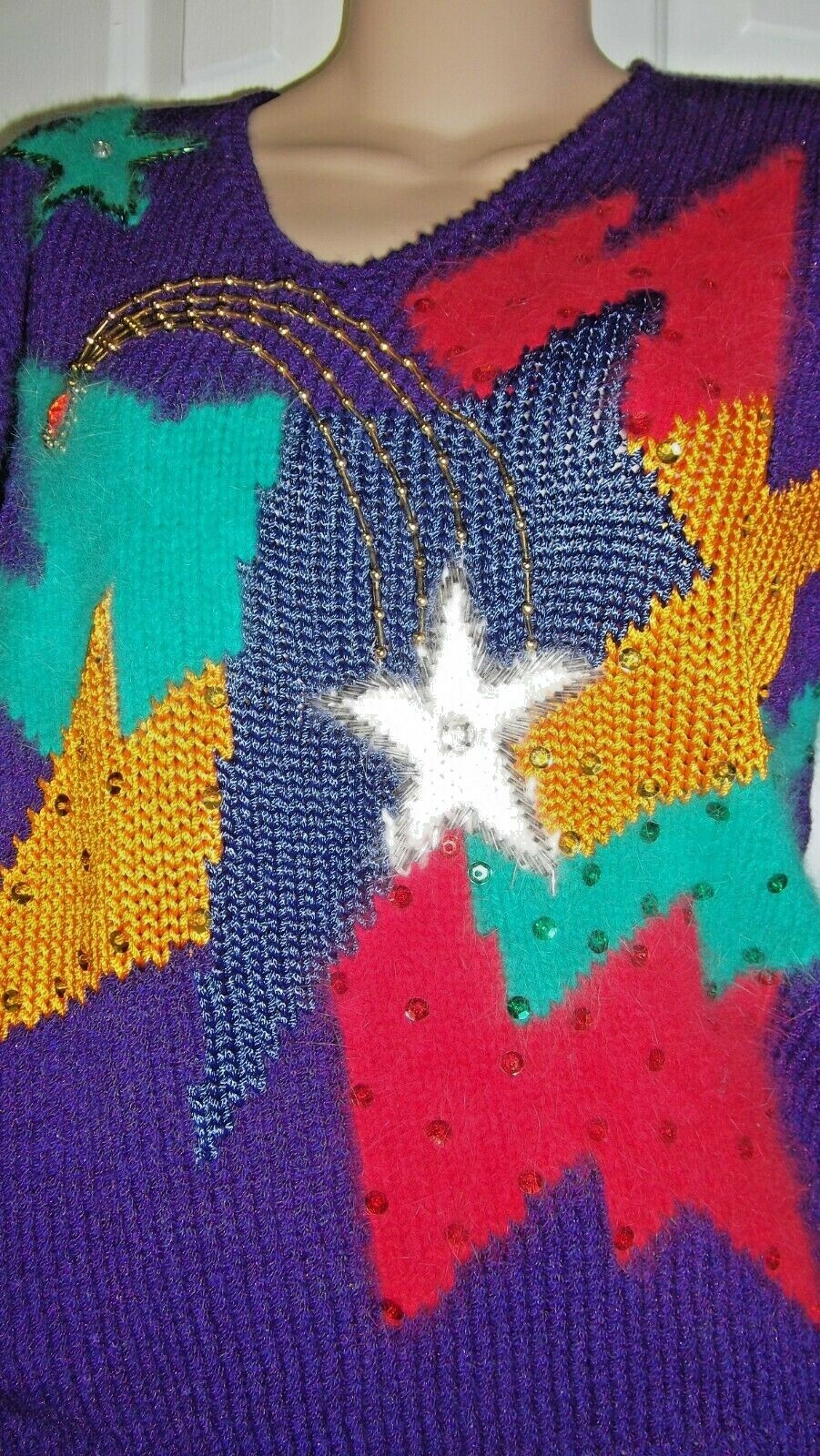 Vintage CHRISTINE Sweater Shimmering Purple Hand Knit Angora Beads Sequins sz S