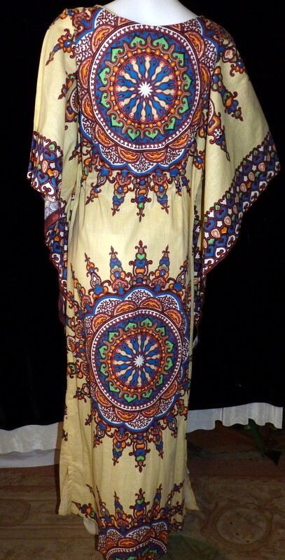 Vintage 1970s CAFTAN Indian Block Print Angel Sleeve Festival Wear OS