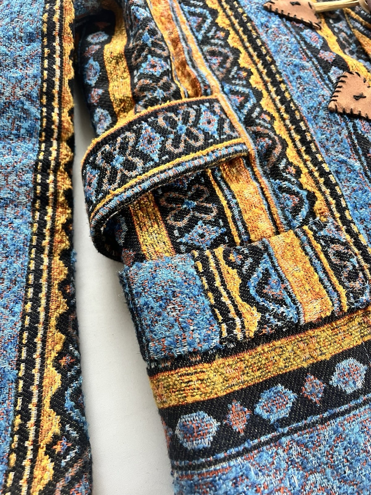 1970s Coat Colorful Tapestry Carpet Jacket Belt Toggle Button Amazing Aztec