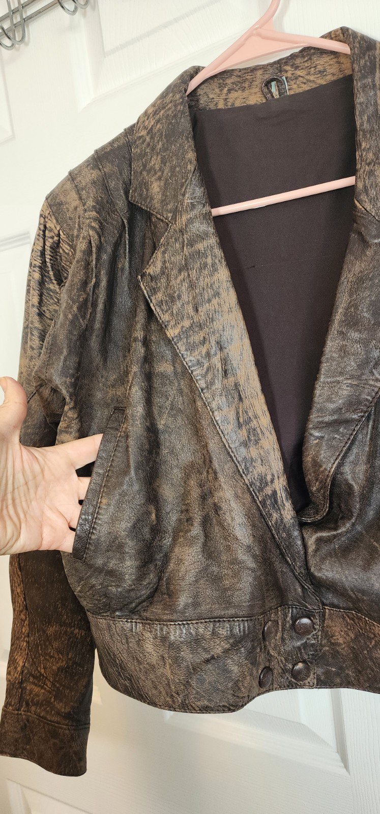 Yessica Leather bomber style jacket EU 40 US 8-10 brown distressed snap closure